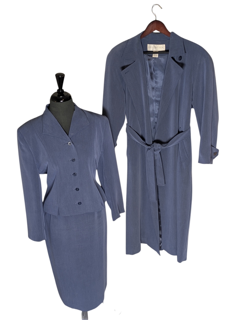 Vintage Doncaster Slate Blue Skirt Suit with Trench Coat